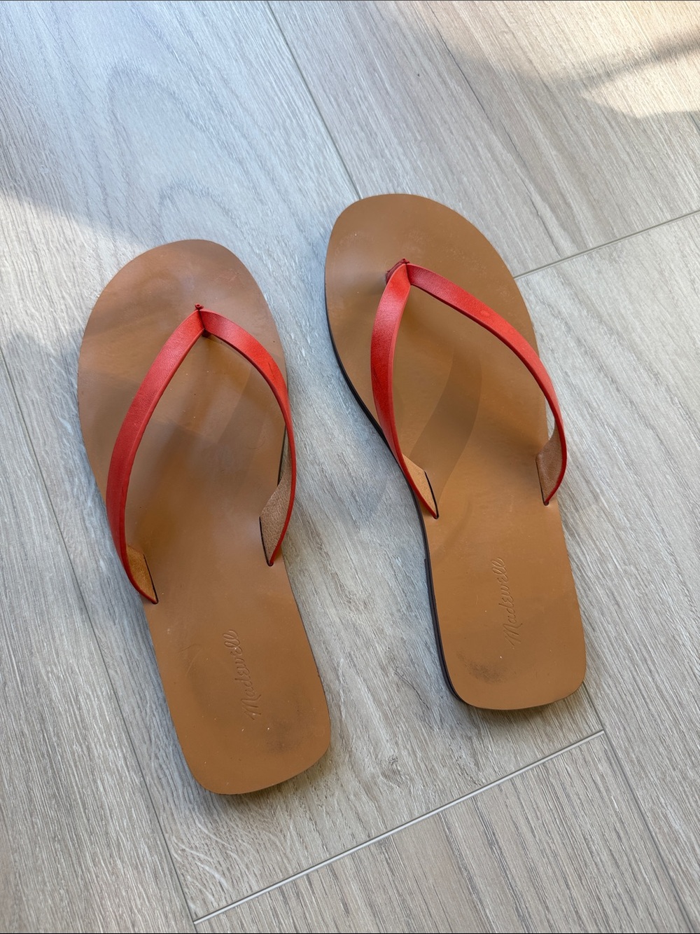 Minimal Leather Thong Flip Flops with Red Straps - Women 6.5